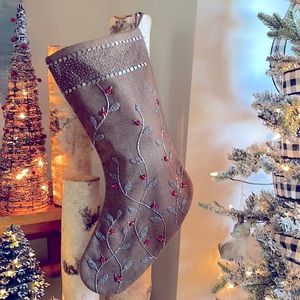 Wool Christmas Stocking. Brown background with red and silver beading.